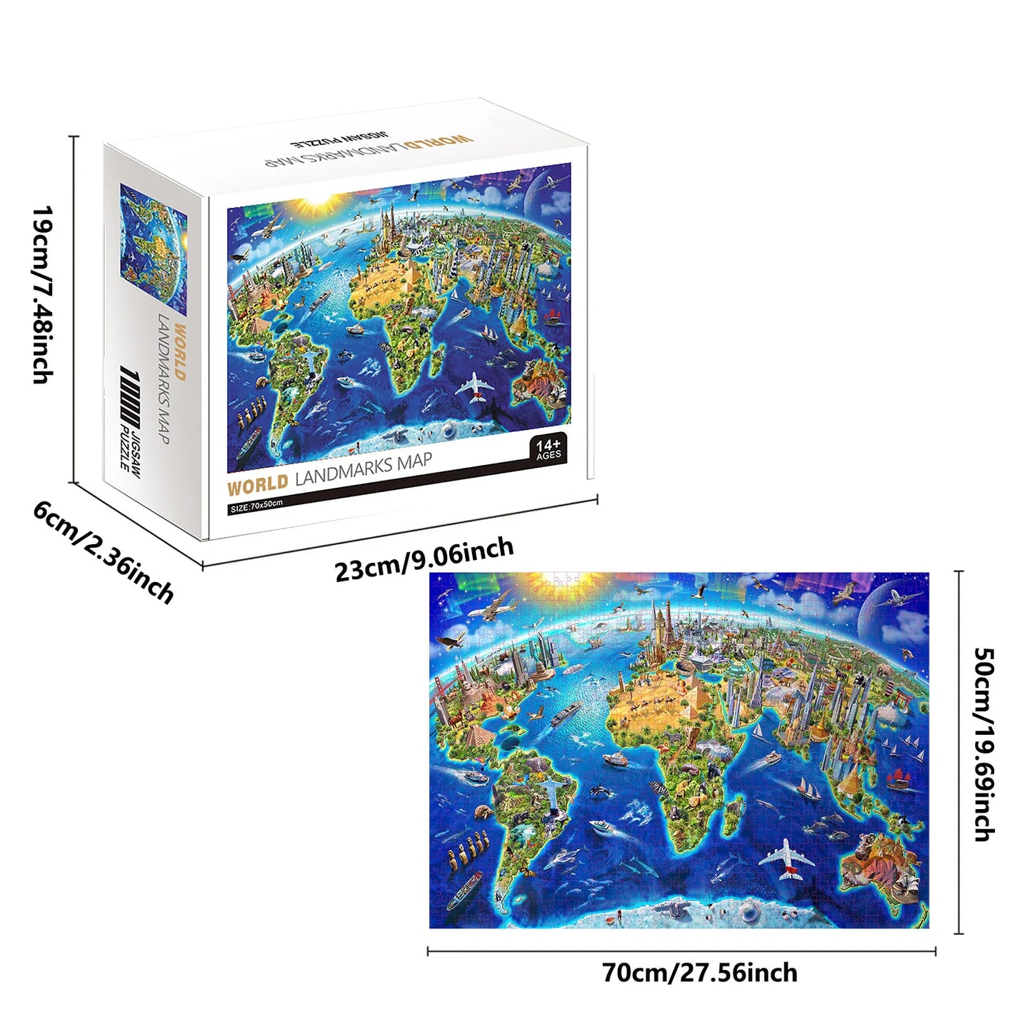 Puzzle 1000 Pièces - Carte des monuments du monde (Art, Adulte)