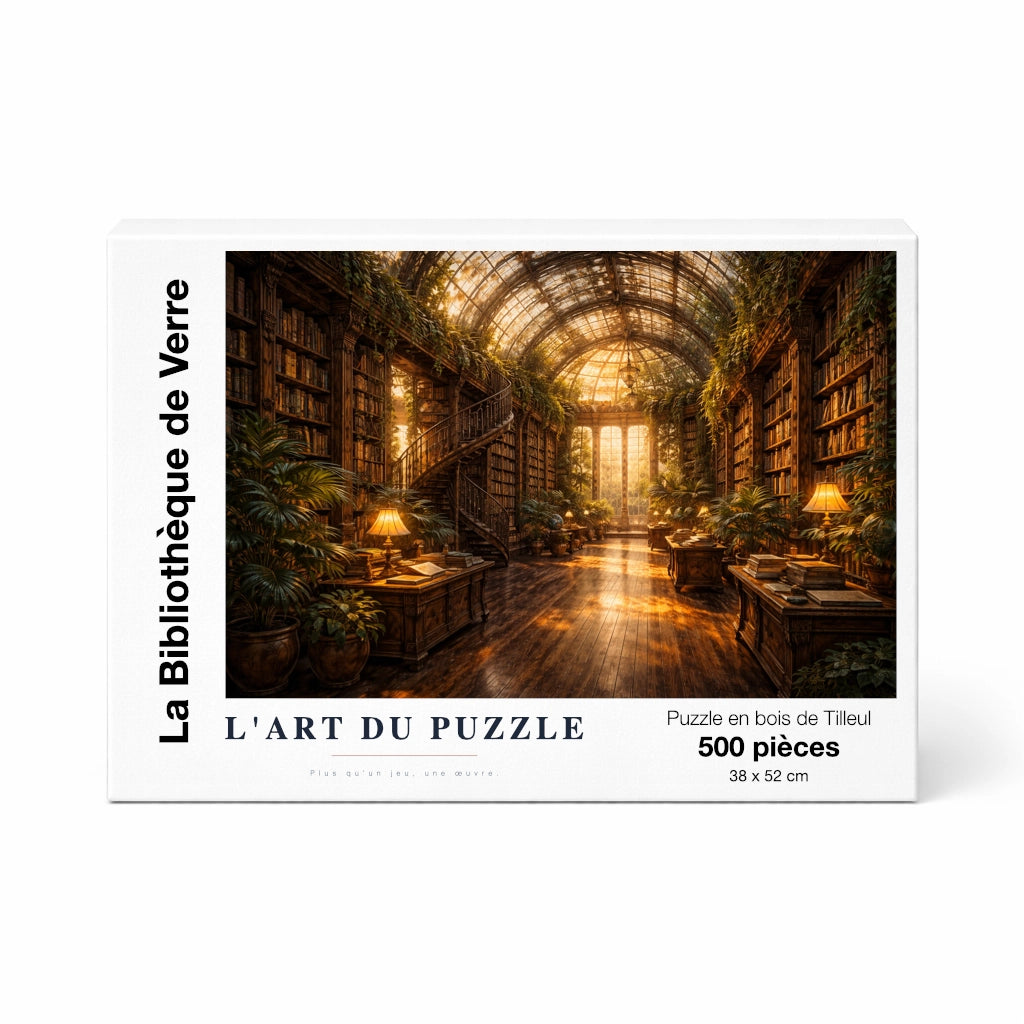Boîte de puzzle en bois 500 pièces - La Bibliothèque de Verre, Collection Signature. Le coffret noir premium présente une illustration de serre victorienne lumineuse. Puzzle en bois de tilleul de 2 mm avec impression UV brillante et découpe laser de haute précision pour une expérience tactile unique.