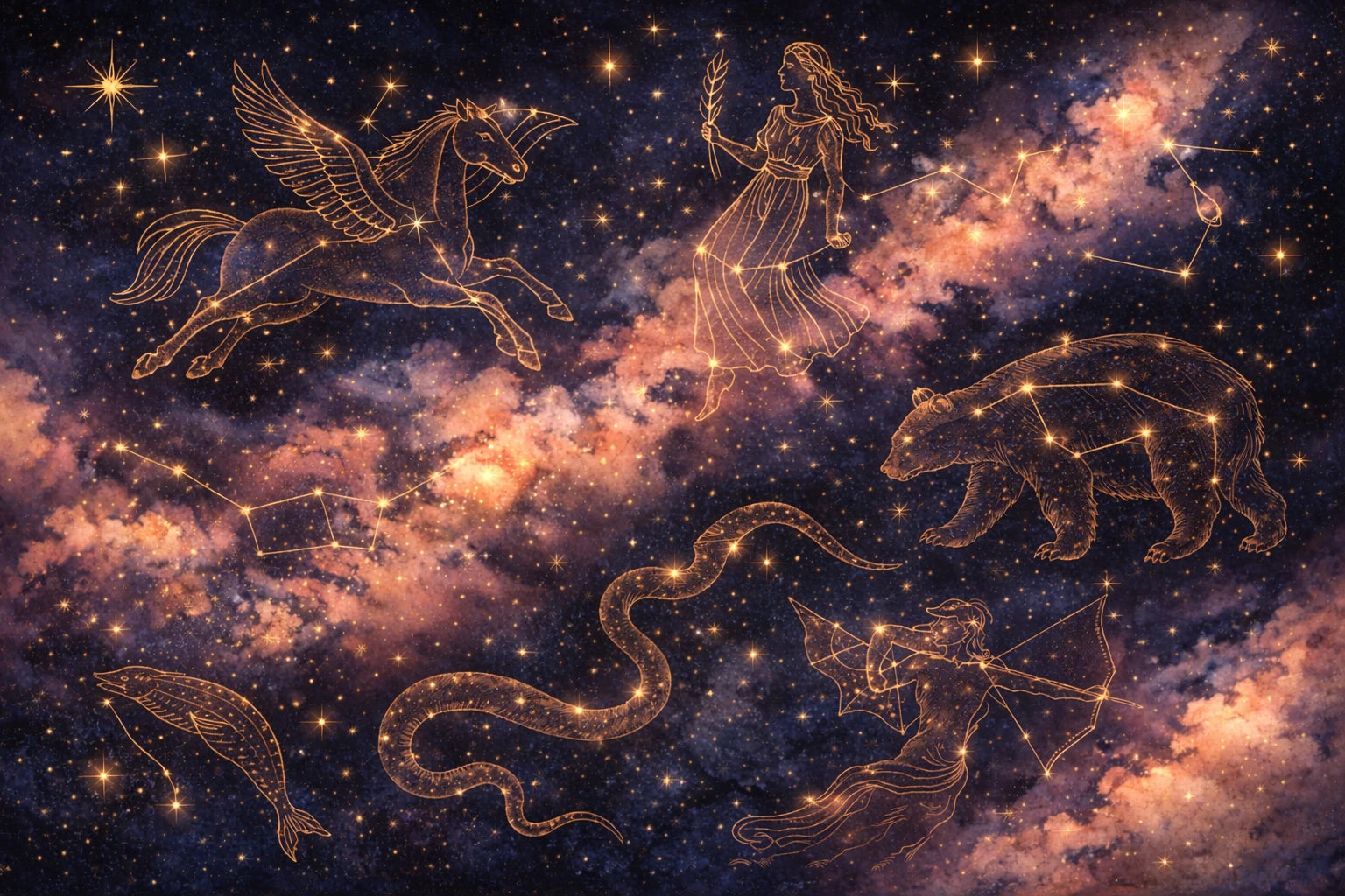 Visuel de puzzle premium 'Constellations', collection Signature. Design céleste inspiré de l'art populaire (folk art) pour une expérience d'assemblage sereine et décorative. Idéal pour une affiche d'art ou un puzzle mural minimaliste.
