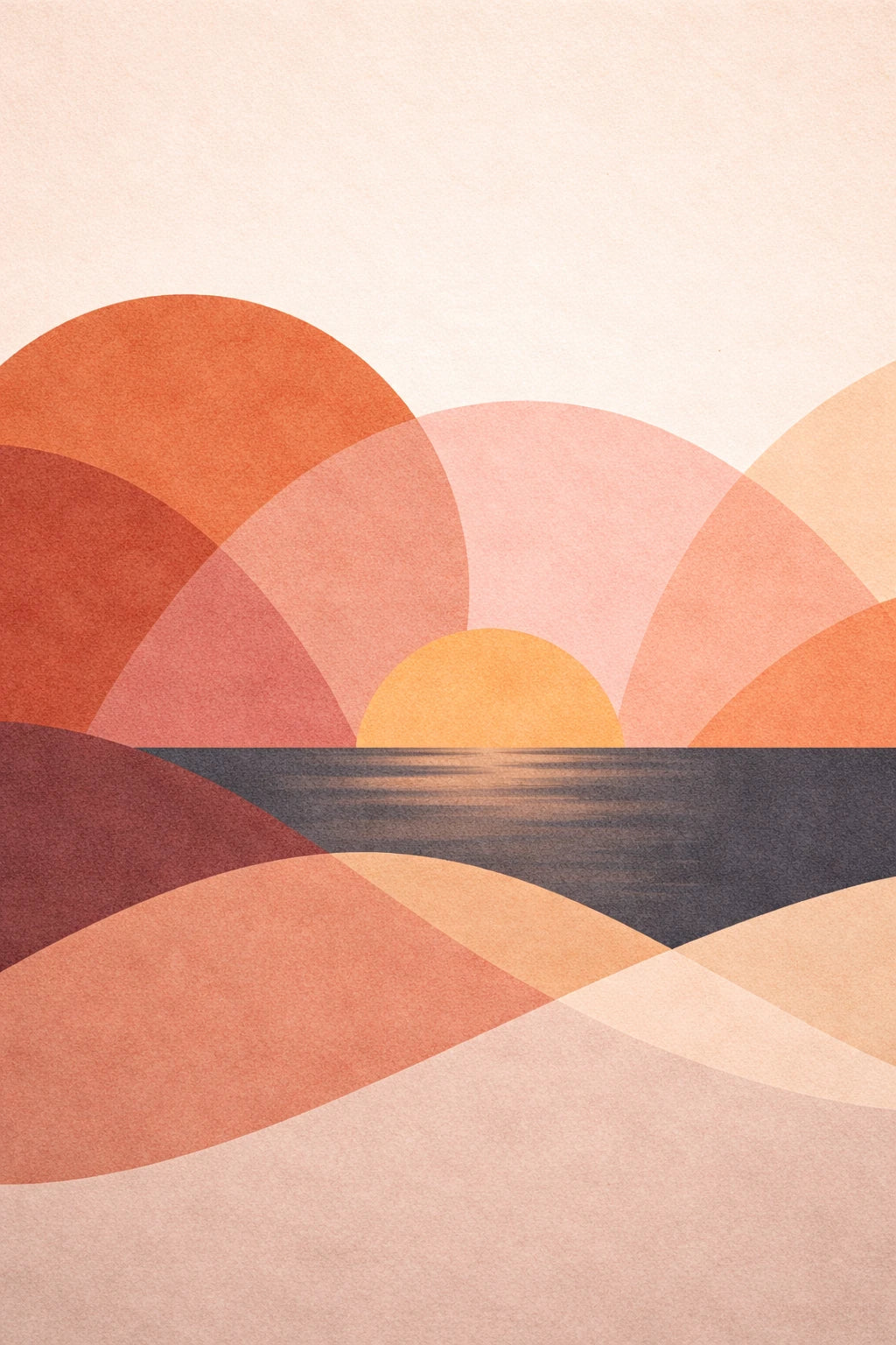 Illustration artistique 'Horizon Suspendu' : paysage côtier minimaliste avec des falaises stylisées aux tons terre cuite et ocre, une mer calme bleu azur et un ciel pastel. Composition épurée évoquant la sérénité et la douceur d'un après-midi d'été.