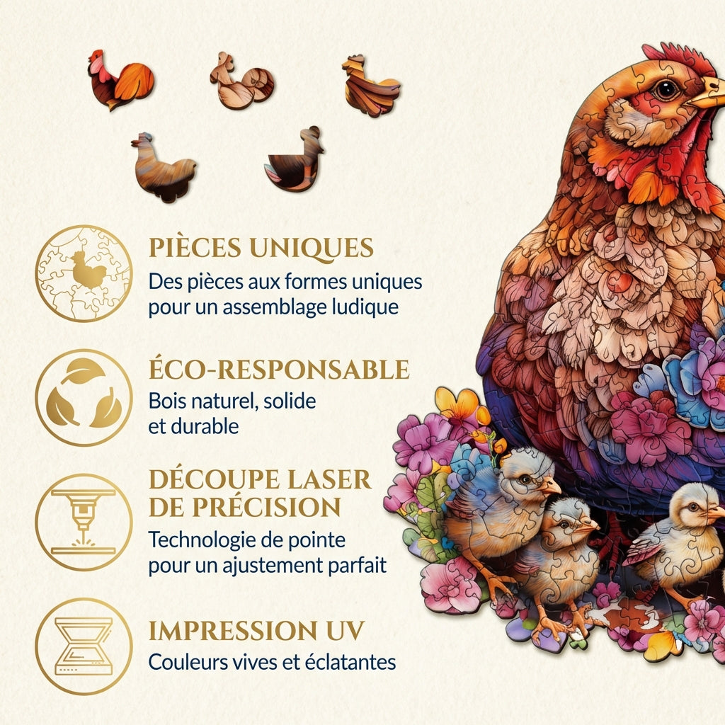 Puzzle en Bois "Maman Poule & Poussins" - Douceur Champêtre - 100 à 300 Pièces
