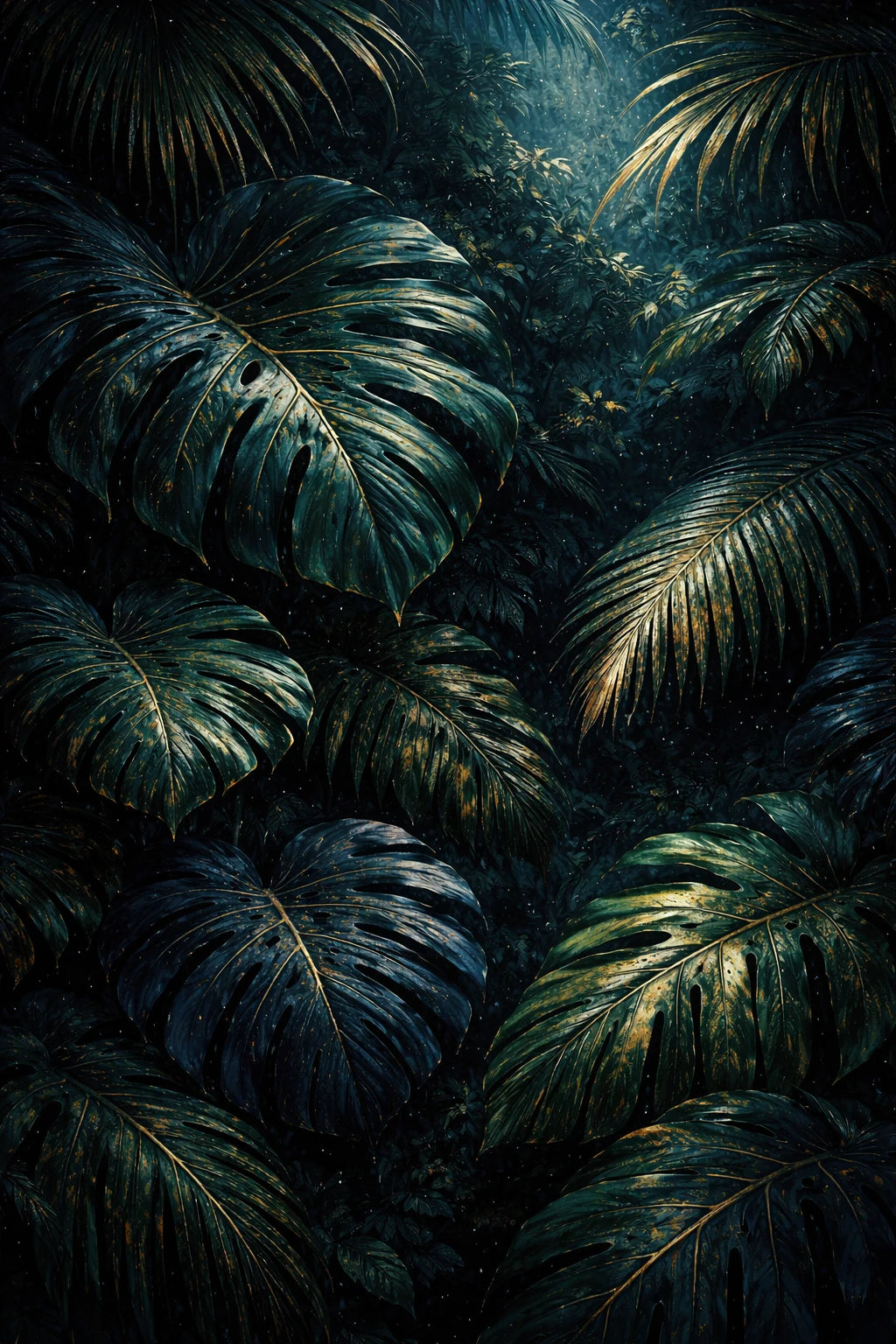 Puzzle 500 pièces en carton 'Jungle de Minuit', Collection Signature. Design botanique moderne et minimaliste aux contrastes profonds. Support carton haute densité de 2 mm avec impression UV haute définition et finition brillante.