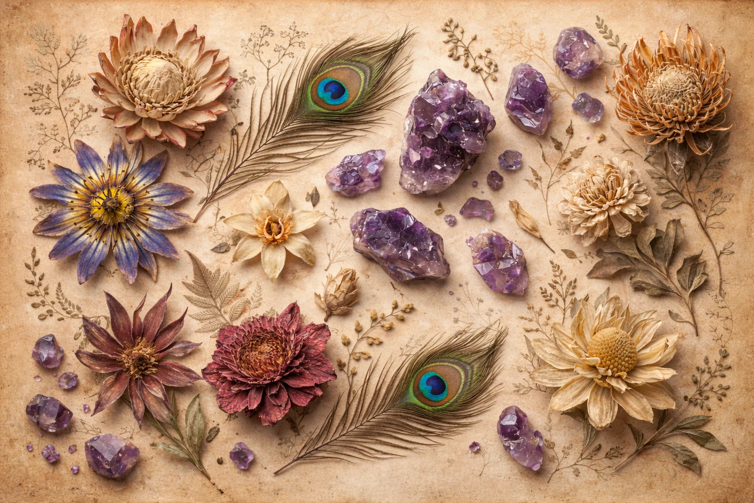 Illustration d'art 'L'Herbier Imaginaire' pour puzzle de la Collection Signature. Une composition surréaliste de fleurs exotiques séchées, plumes de paon irisées et cristaux d'améthyste sur parchemin ancien. Style planche botanique raffinée aux tons sépia et minéraux pour une décoration murale élégante.