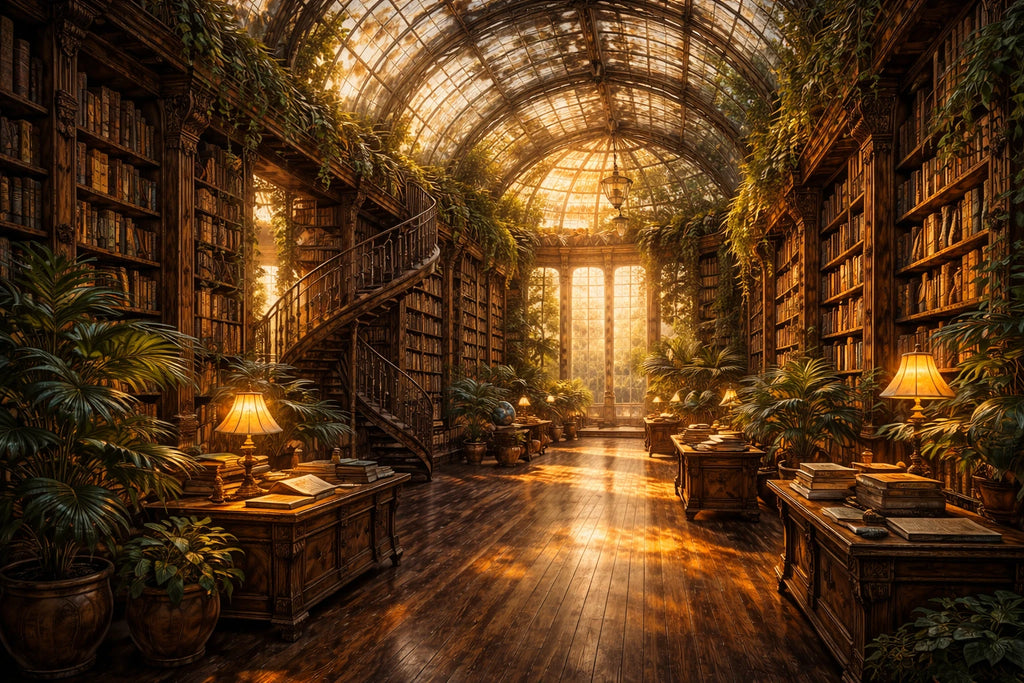 Illustration d'art 'La Bibliothèque de Verre' pour puzzle Collection Signature. Une serre victorienne ancienne transformée en bibliothèque majestueuse, baignée par la lumière dorée du soleil à travers des vitraux. Style peinture à l'huile aux textures riches, mêlant plantes tropicales et livres anciens pour une atmosphère de sérénité absolue.
