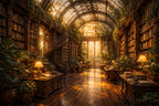 Illustration d'art 'La Bibliothèque de Verre' pour puzzle Collection Signature. Une serre victorienne ancienne transformée en bibliothèque majestueuse, baignée par la lumière dorée du soleil à travers des vitraux. Style peinture à l'huile aux textures riches, mêlant plantes tropicales et livres anciens pour une atmosphère de sérénité absolue.