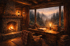 Illustration d'art 'La Cabane de l'Écrivain' pour puzzle de la Collection Signature. Intérieur scandinave chaleureux avec feu de cheminée, bureau rustique et bibliothèque ancienne, offrant une vue panoramique sur une forêt de pins embrumée à l'aube. Style gouache aux textures détaillées pour une décoration intérieure cocooning.
