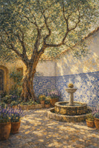 Illustration d'art 'Le Patio Méditerranéen' pour puzzle de la Collection Signature. Une scène apaisante de cour intérieure baignée de soleil, avec un olivier centenaire, des azulejos traditionnels bleus et blancs, et une fontaine en pierre. Style peinture impressionniste aux tons frais et lumineux pour une décoration zen.