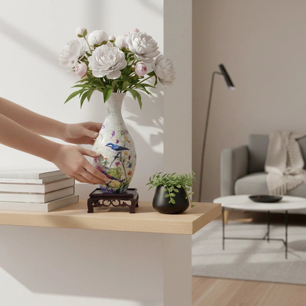 Puzzle 3D Vase Décoratif Style Porcelaine - Pivoines et Oiseaux Bleus