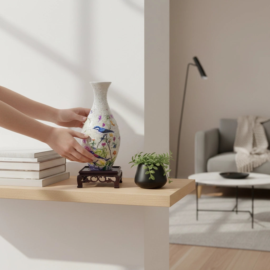 Puzzle 3D Vase Décoratif Style Porcelaine - Pivoines et Oiseaux Bleus