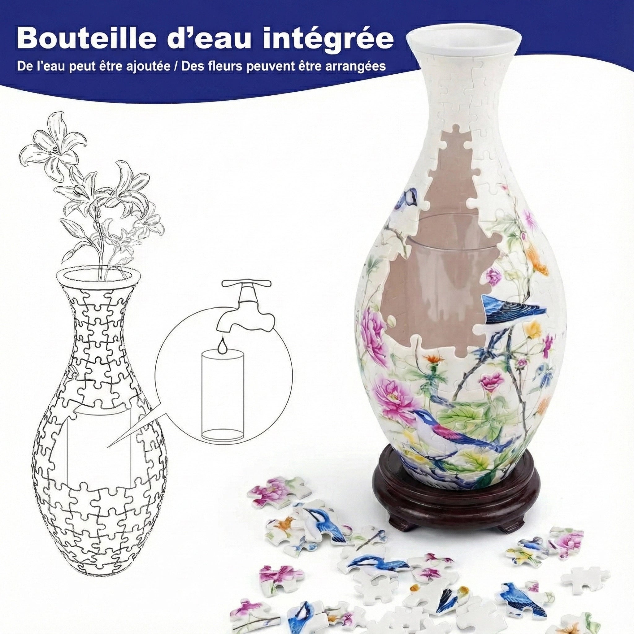 Puzzle 3D Vase 'Fleur de Pivoine Classique' - Porcelaine Bleue et Blanche Ming - 160 Pièces