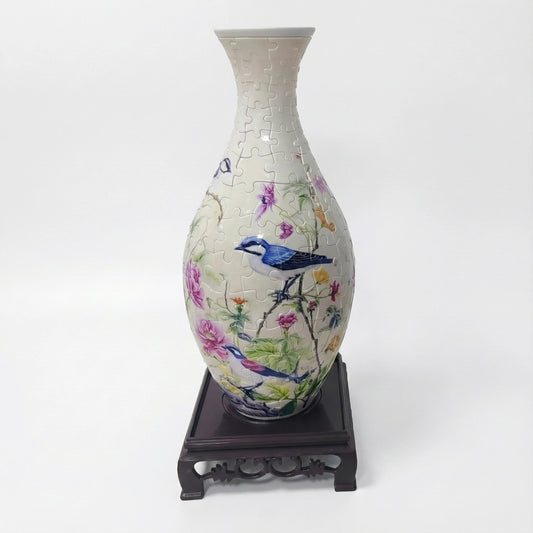 Puzzle 3D Vase Décoratif Style Porcelaine - Pivoines et Oiseaux Bleus