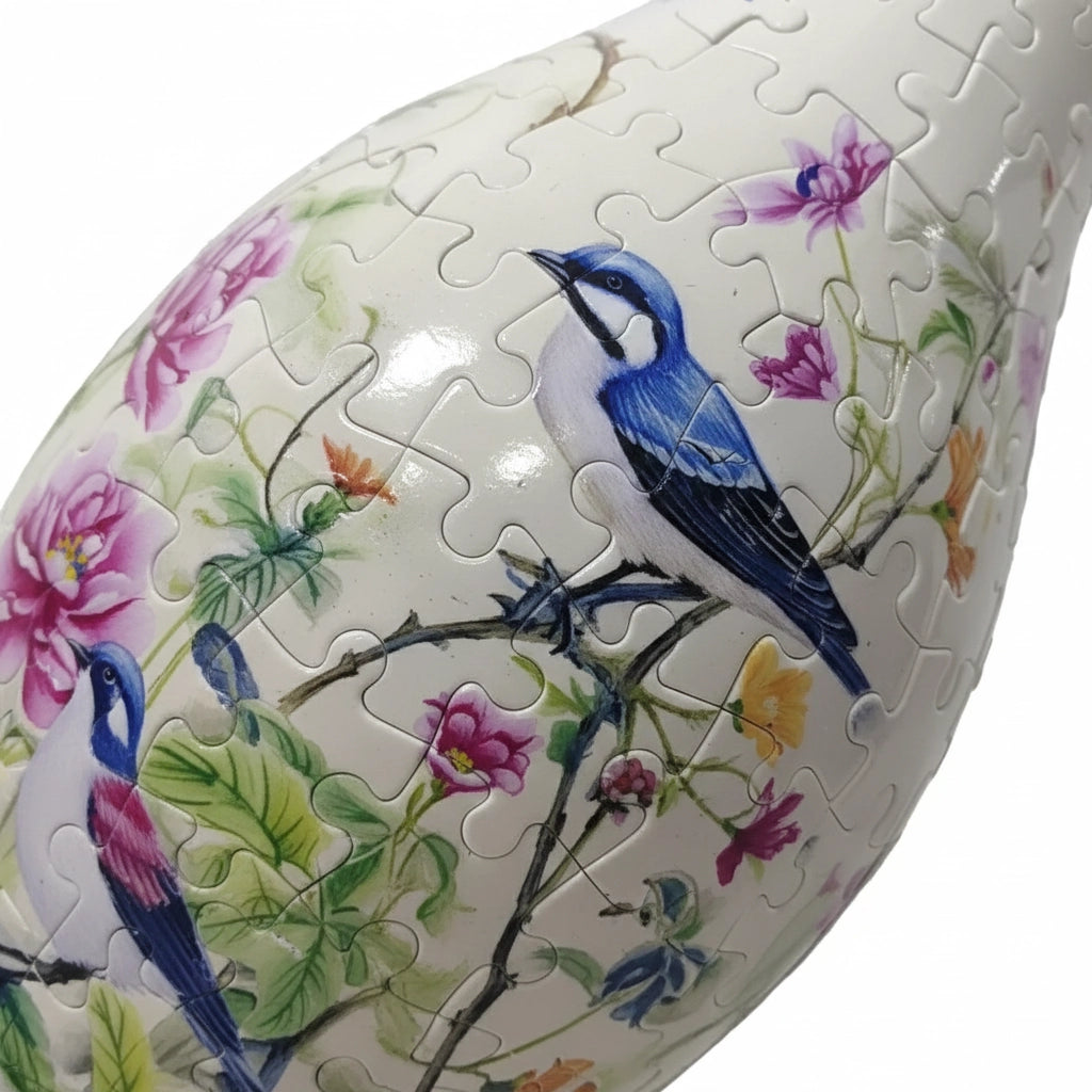 Puzzle 3D Vase Décoratif Style Porcelaine - Pivoines et Oiseaux Bleus