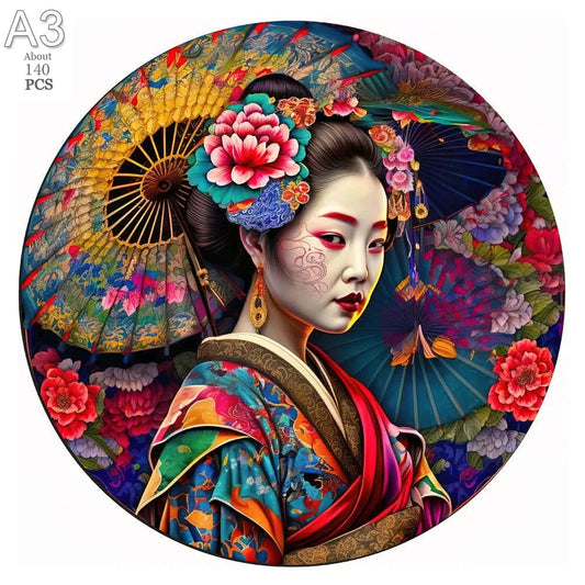 Puzzle en Bois Geisha & Ombrelle - Portrait Japonais - 50 à 150 Pièces