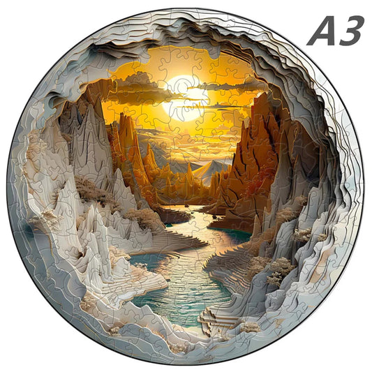 Puzzle en bois : Rivière et montagnes au coucher du soleil