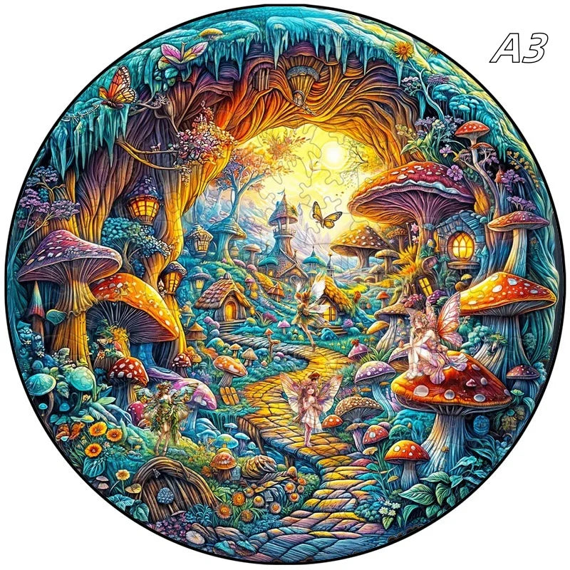 Puzzle en bois : Village de champignons féérique