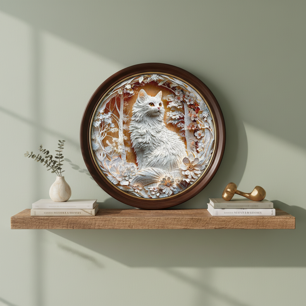 Puzzle en bois - Chat blanc et fleurs