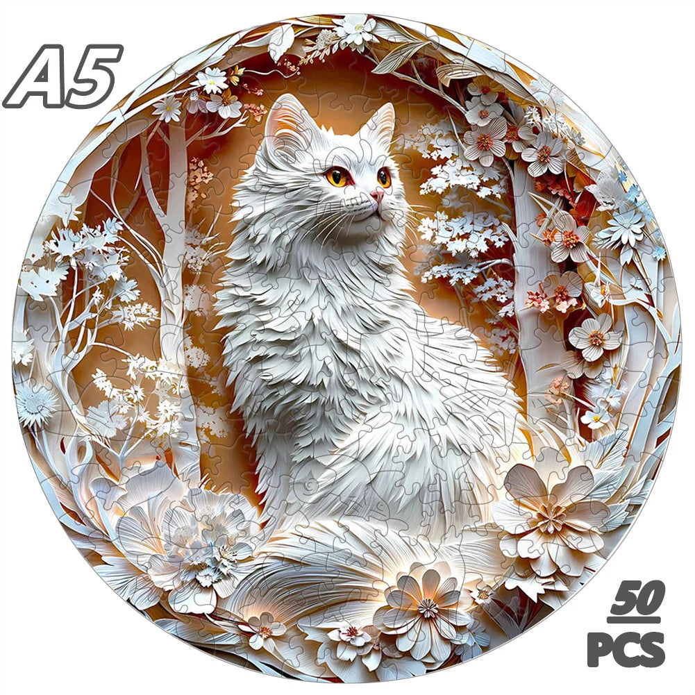 Puzzle en bois - Chat blanc et fleurs