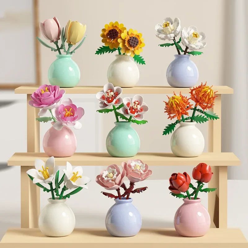 Puzzle 3D Fleurs en Pot – Compositions Florales Variées en Micro-Briques Décoratives