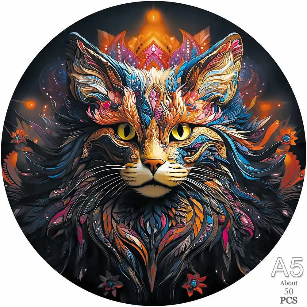 Puzzle en bois "Chat Fantastique" - Puzzle chat psychédélique et coloré