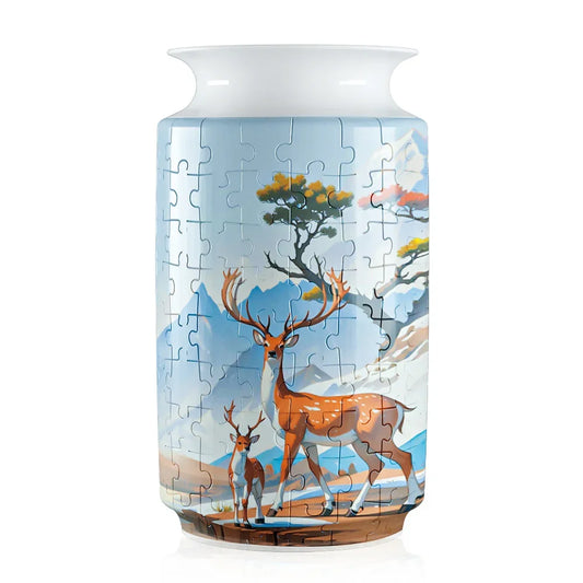 Puzzle 3D Vase 'Cerf & Faon en Montagne' - Modèle Cylindrique 160 Pièces - Décoration Style Porcelaine Animaux Sauvages