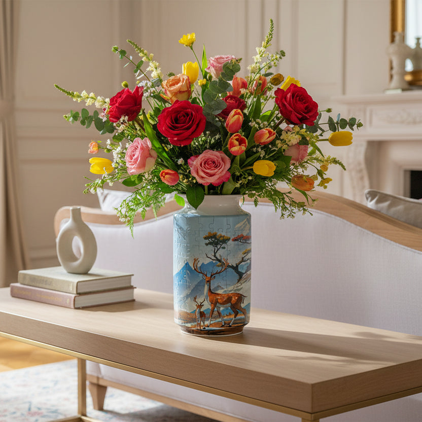 Puzzle 3D Vase 'Cerf & Faon en Montagne' - Modèle Cylindrique 160 Pièces - Décoration Style Porcelaine Animaux Sauvages