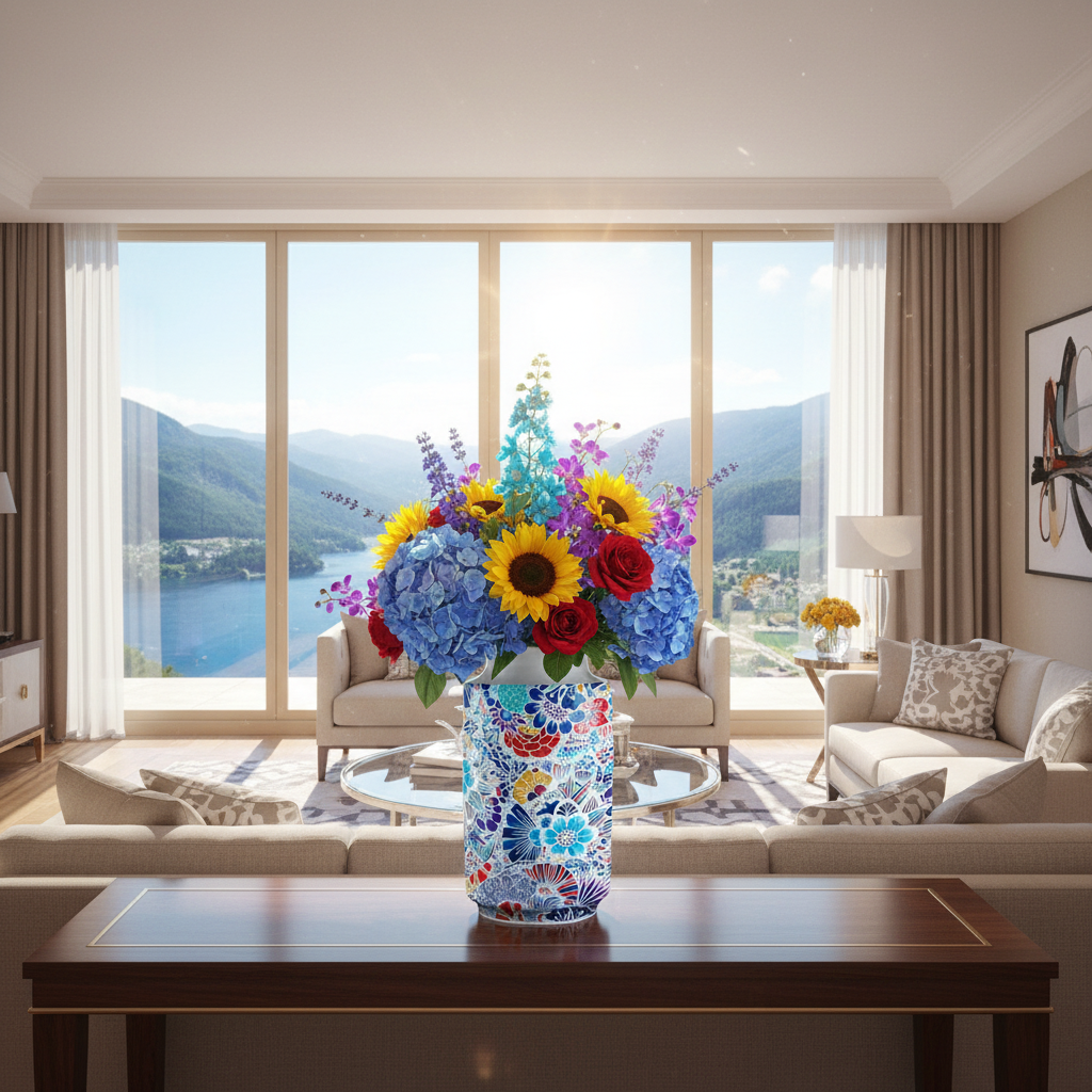 Puzzle 3D Vase 'Explosion Florale Pop Art' - Cylindrique Multicolore Style Céramique Mosaïque