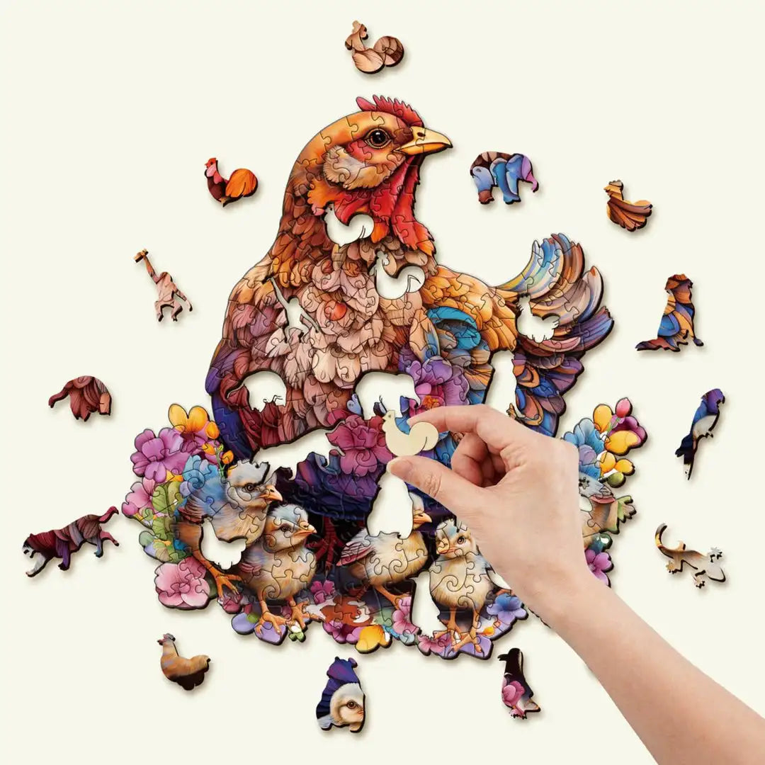 Puzzle en Bois "Maman Poule & Poussins" - Douceur Champêtre - 100 à 300 Pièces