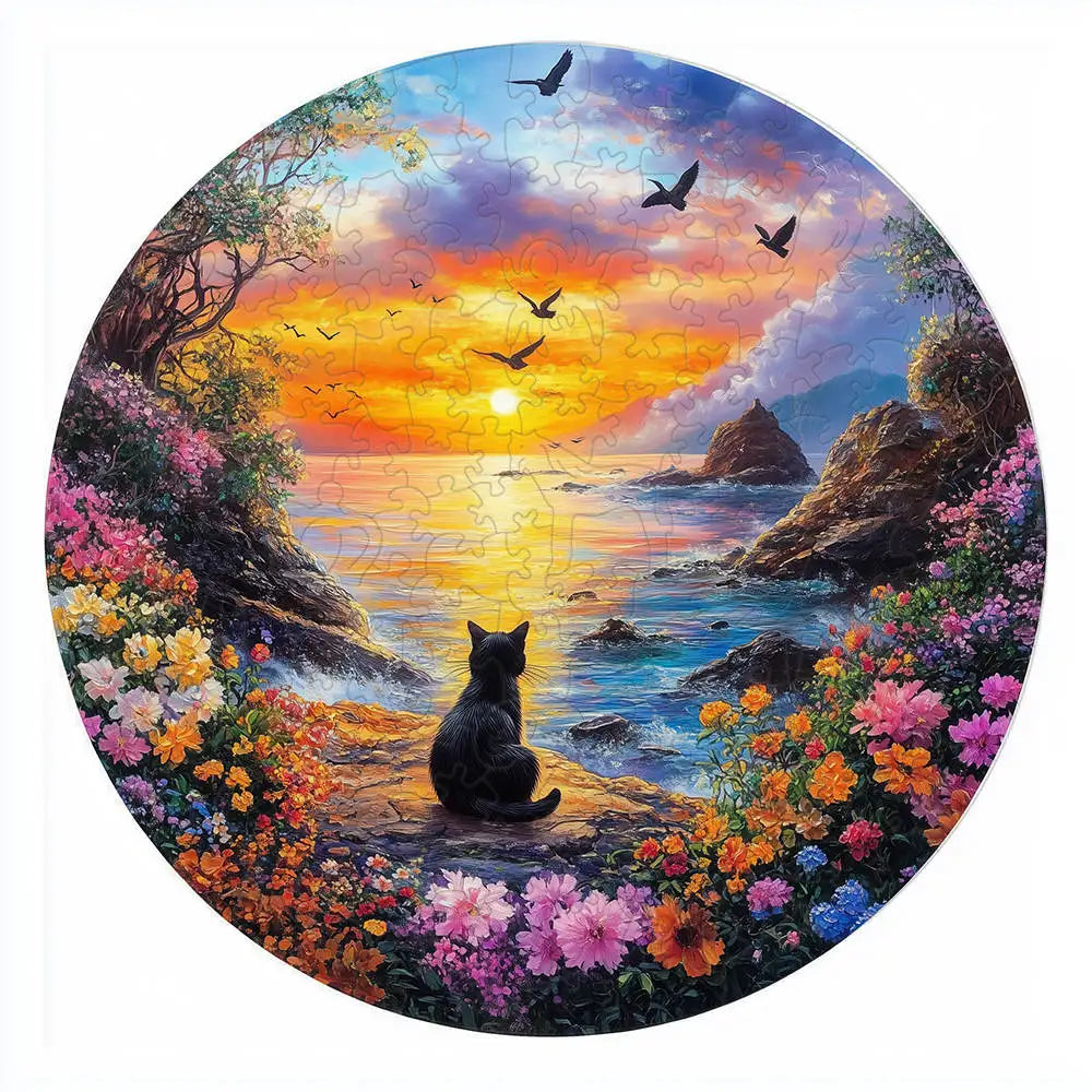Puzzle en bois "Chat l'Heureux" - Chat noir au coucher du soleil