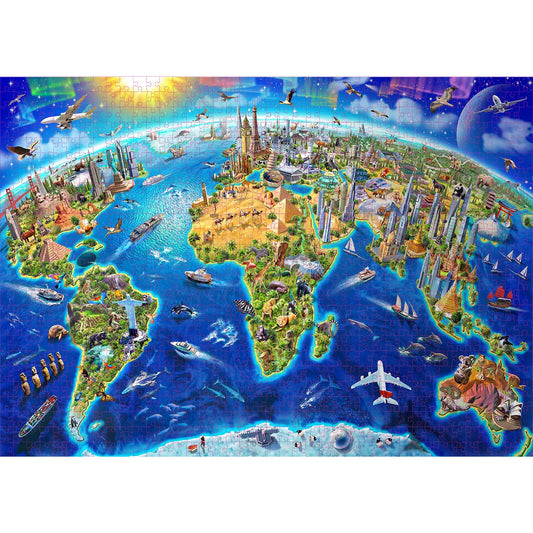Puzzle 1000 Pièces - Carte des monuments du monde (Art, Adulte)