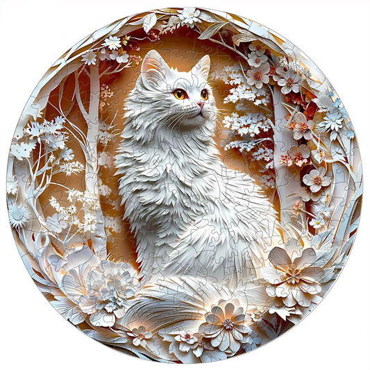 Puzzle en bois - Chat blanc et fleurs