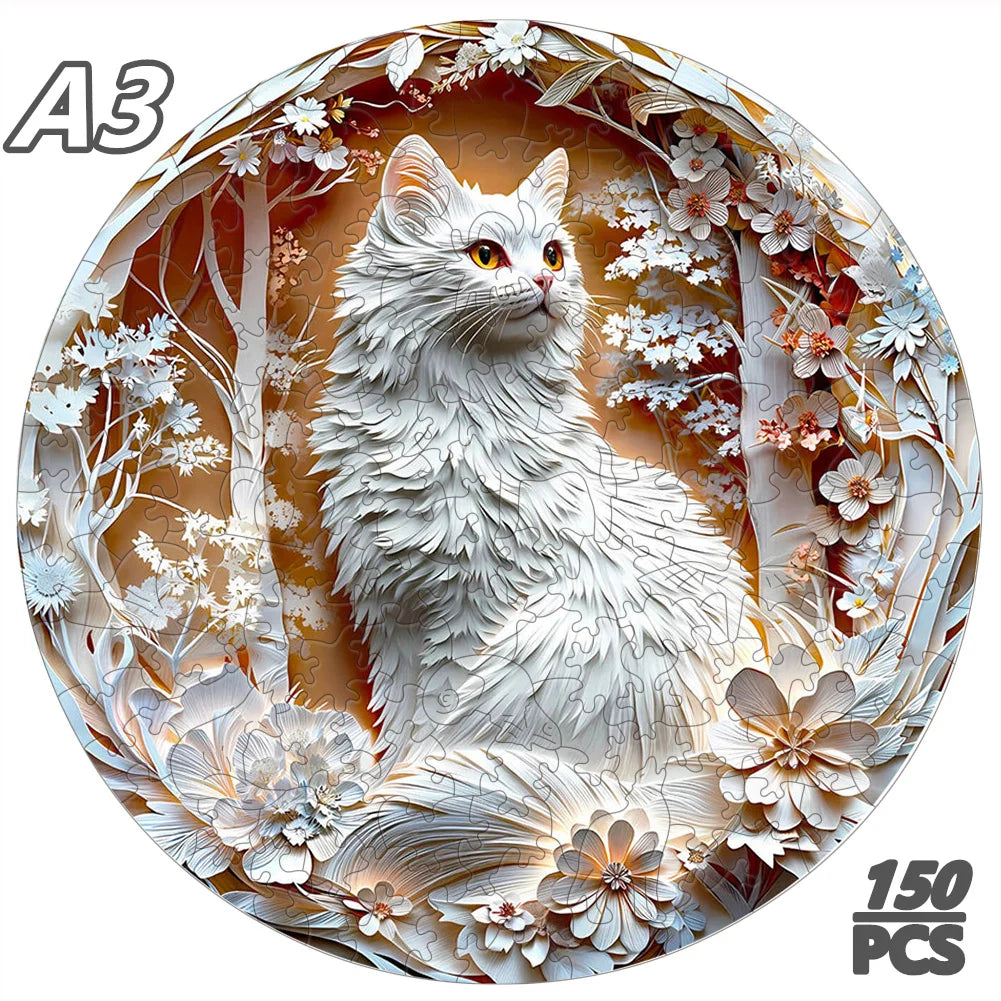 Puzzle en bois - Chat blanc et fleurs