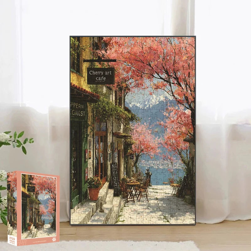 Puzzle Café Cerisier en Fleurs - Paysage Printanier - 1100 Pièces