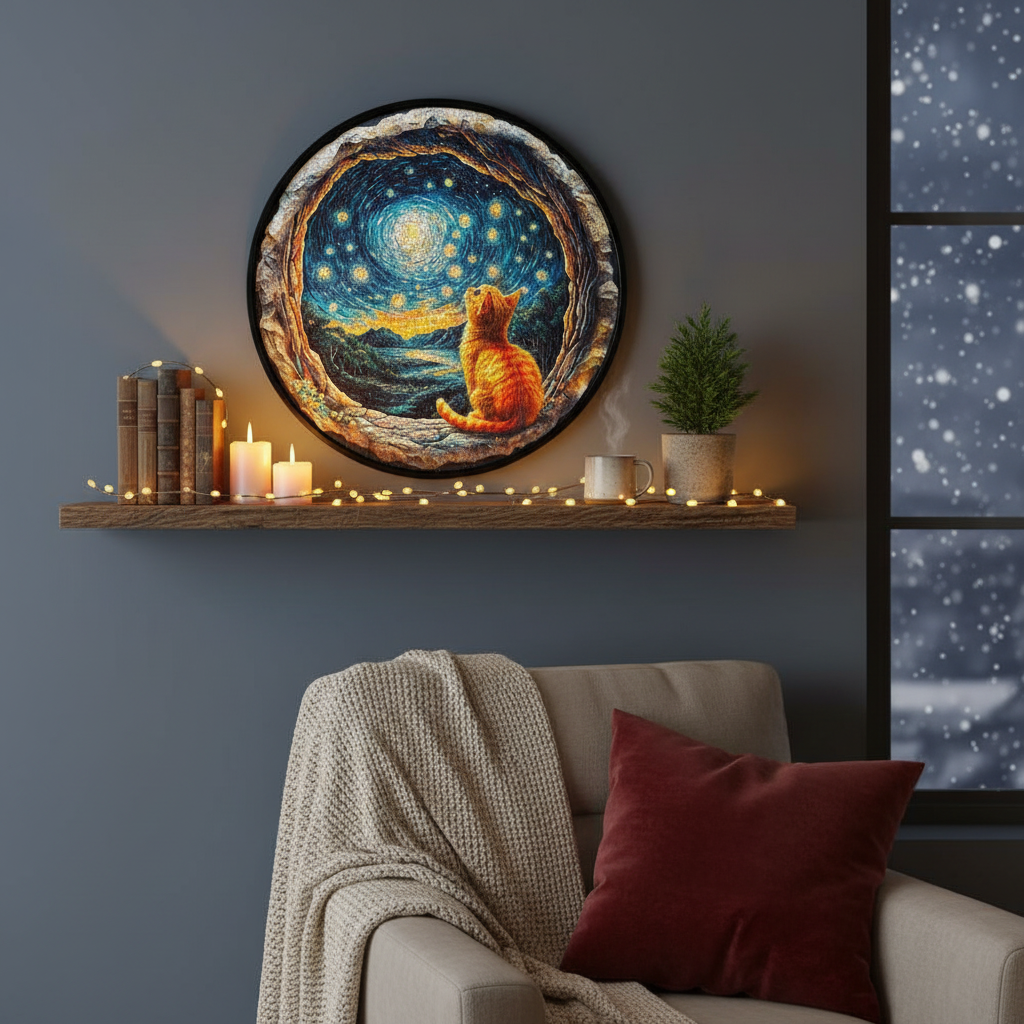 Puzzle en bois : Chat sous la nuit étoilée