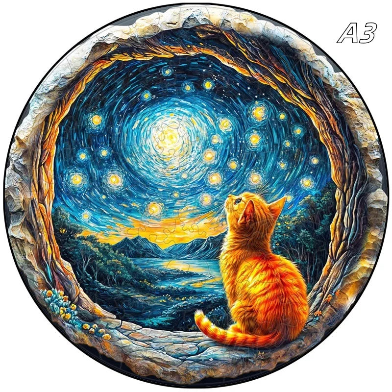 Puzzle en bois : Chat sous la nuit étoilée