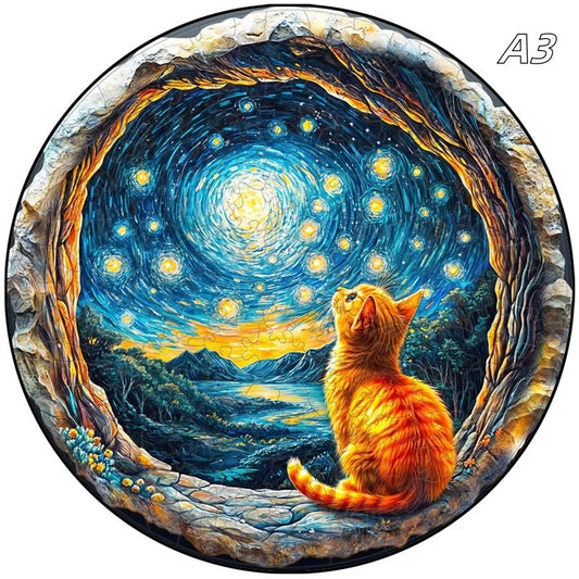 Puzzle en bois : Chat sous la nuit étoilée