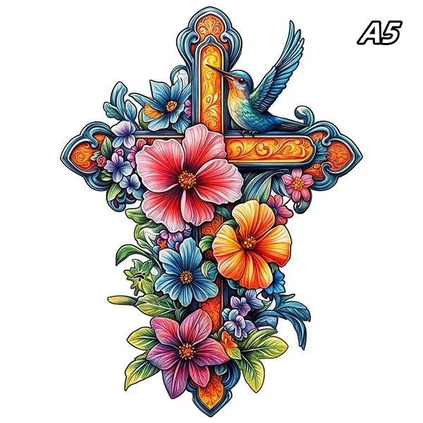 Puzzle en bois – Croix fleurie & colibri