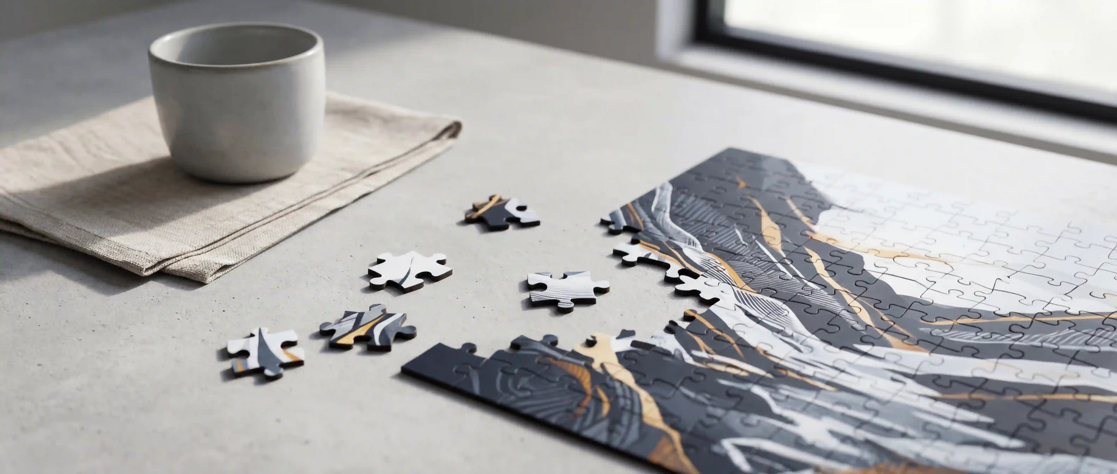 Puzzle en bois artistique en cours d'assemblage sur une table en béton dans un salon moderne industriel