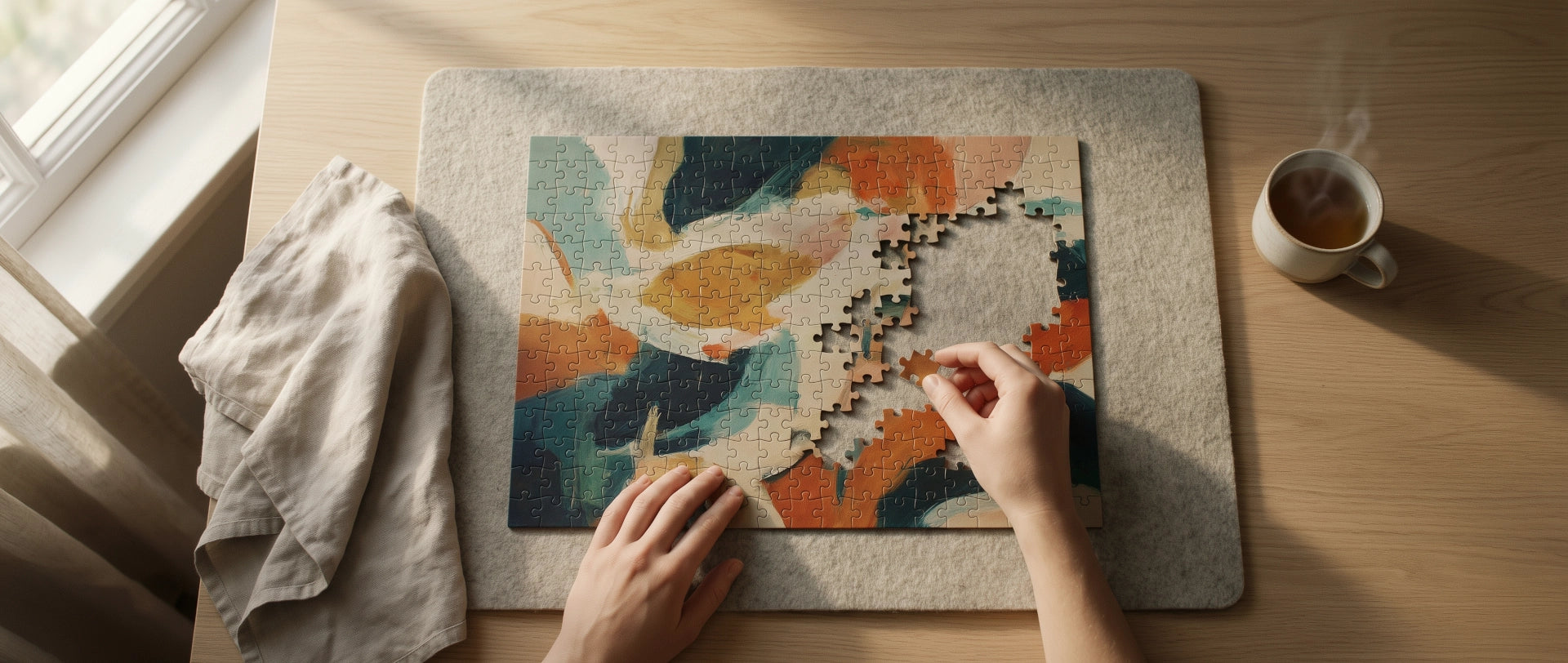 Vue de dessus d'une personne assemblant un puzzle en bois de la collection 'Abstractions Poétiques' sur un tapis de feutre gris. L'ambiance est sereine et lumineuse, avec une tasse de thé fumante à côté du puzzle en cours. Cette image illustre la mission de la marque : réenchanter le temps calme par une activité tactile, sensorielle et méditative.