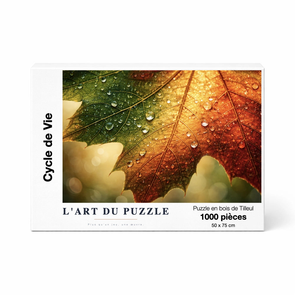 Boîte de puzzle en bois 1000 pièces - Cycle de Vie par L'Art du Puzzle. Illustration abstraite aux motifs organiques noir, blanc et or. Support en bois de tilleul (basswood) de 2 mm avec impression UV haute définition et finition brillante.