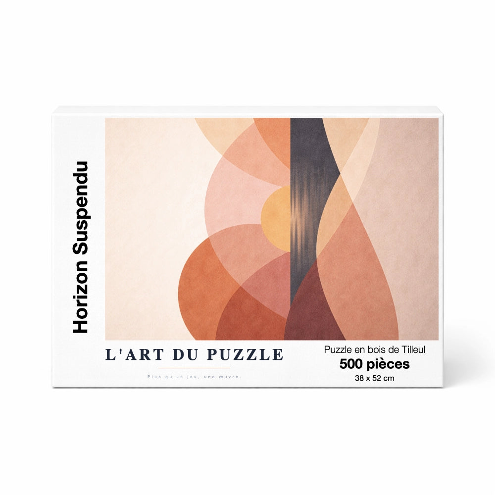 Boîte de puzzle en bois 500 pièces L'Art du Puzzle - Horizon Suspendu. Illustration minimaliste d'un paysage côtier aux tons pastel. Support en bois de tilleul (basswood) de 2 mm avec impression UV haute définition et finition brillante.