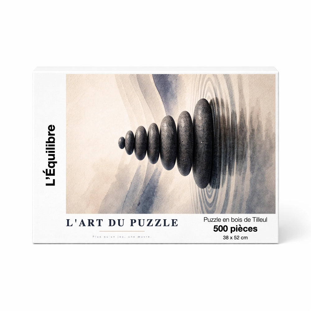 Puzzle en bois 500 pièces 'L'Équilibre', collection Signature. Un design minimaliste aux tons ocre, sable et terre pour une pause méditative. Pièces en bois véritable offrant un assemblage précis et une expérience tactile premium.