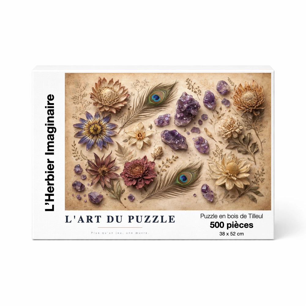 Boîte de puzzle en bois de 500 pièces - L'Herbier Imaginaire, Collection Signature. Le packaging épuré présente une illustration botanique détaillée avec fleurs exotiques et cristaux d'améthyste. Fabriqué en bois de tilleul de 2 mm pour un assemblage sensoriel et durable.