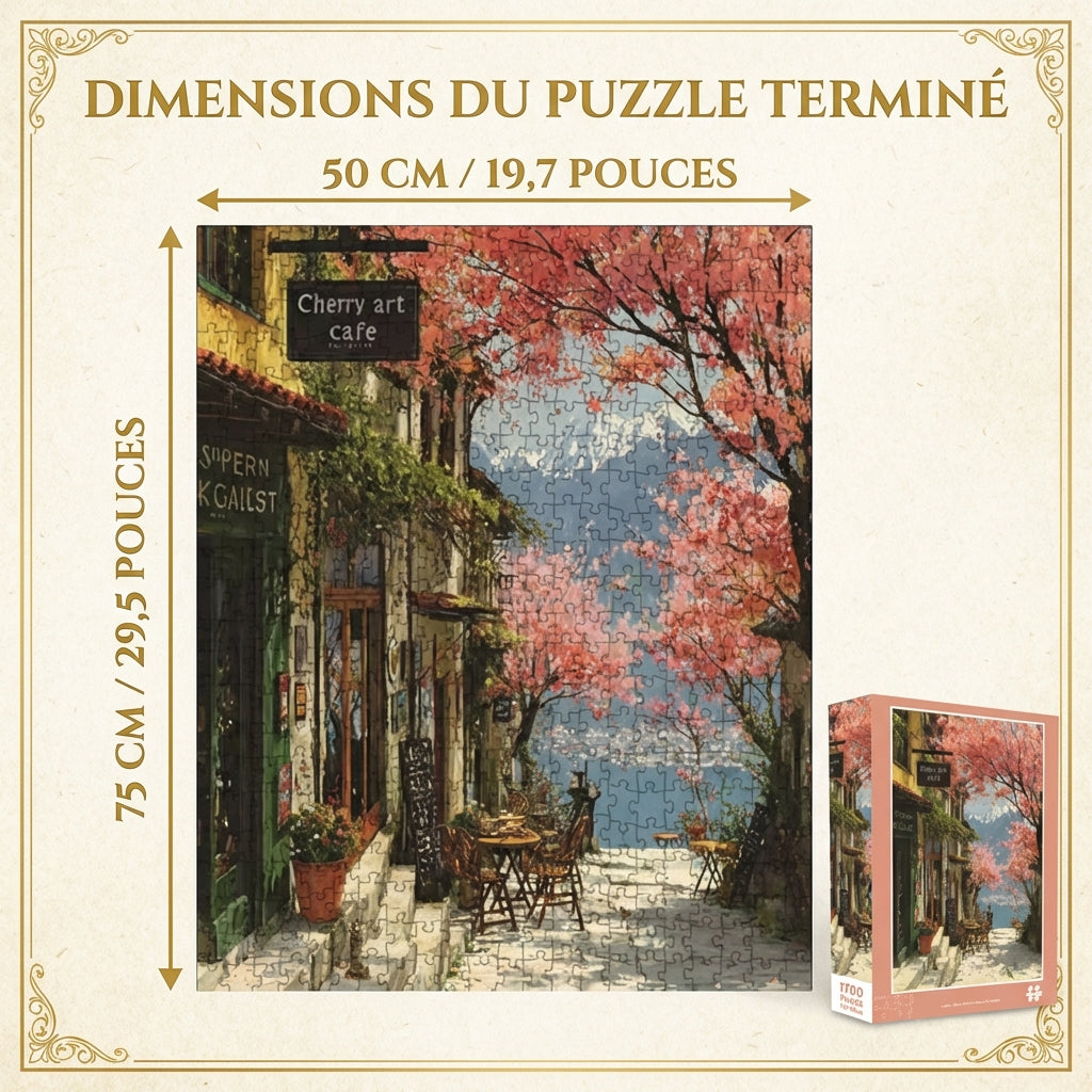 Puzzle Café Cerisier en Fleurs - Paysage Printanier - 1100 Pièces