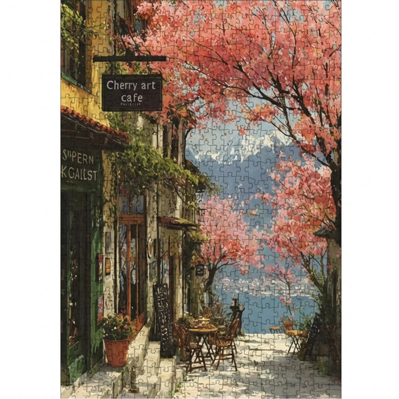 Puzzle Café Cerisier en Fleurs - Paysage Printanier - 1100 Pièces