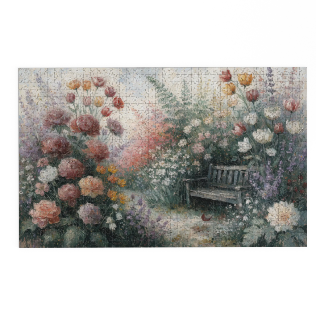 Puzzle en bois Le Banc Fleuri - Collection Signature L'Art du Puzzle. Composition florale lumineuse et colorée.