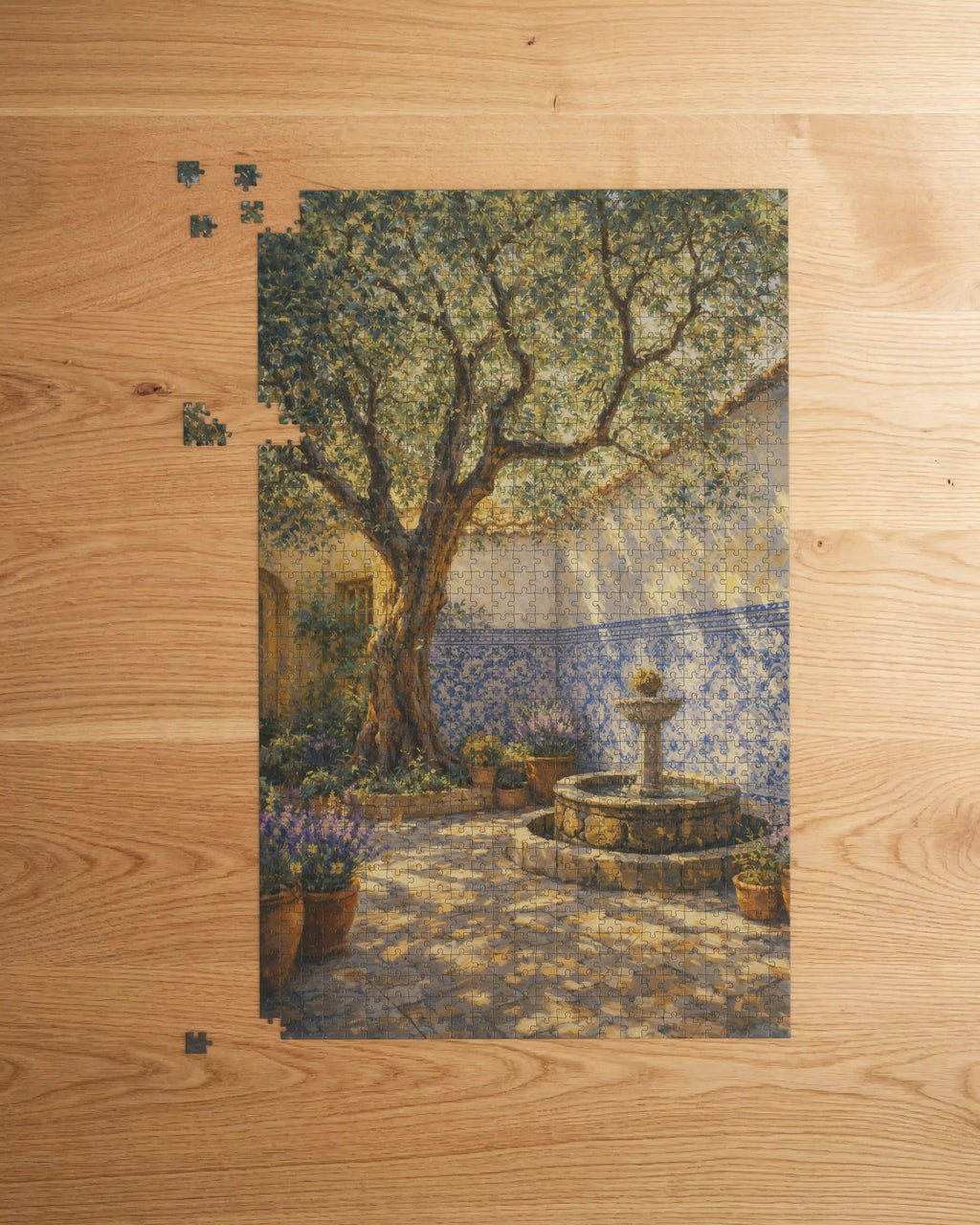 Détail des pièces du puzzle en bois Le Patio Méditerranéen - Collection Signature L'Art du Puzzle