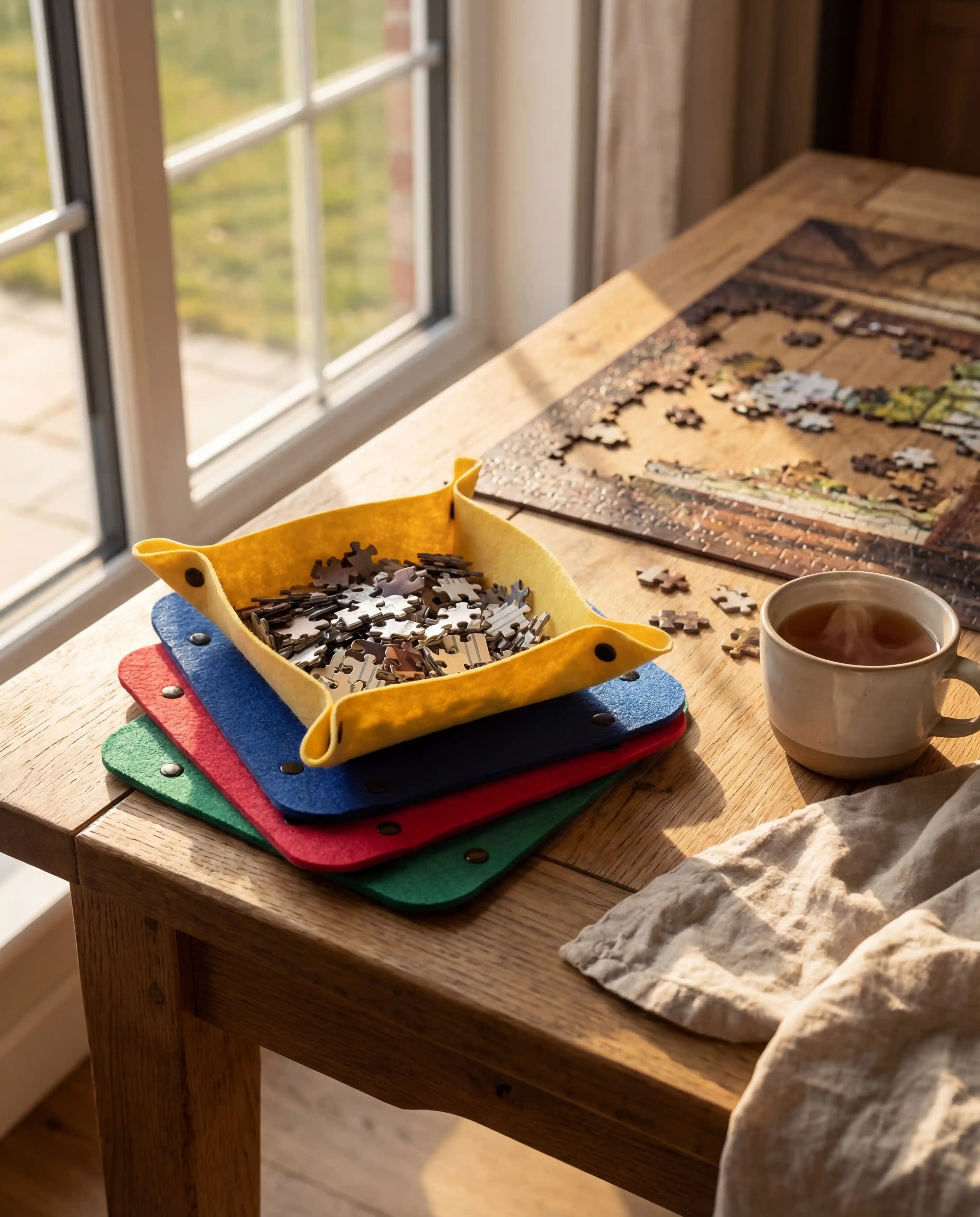 Moment de Slow Living avec les plateaux de tri "Nuancier" posés sur une table en chêne, accompagnés d'une tasse de thé et d'un puzzle en bois Signature en cours d'assemblage sous une lumière naturelle.
