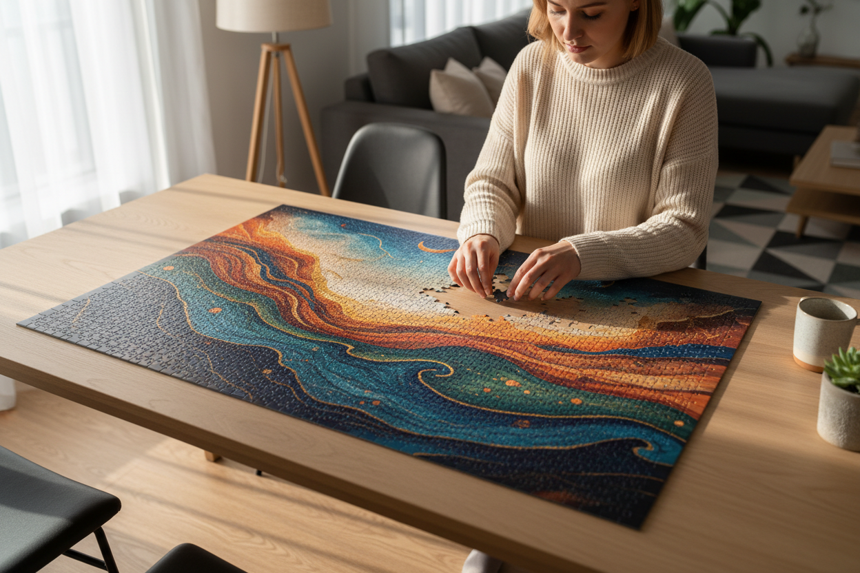 Une femme assemblant un grand puzzle aux motifs abstraits et ondoyants sur une table en bois clair. L'ambiance intérieure est chaleureuse et minimaliste. Cette image souligne la dimension méditative et le calme retrouvé grâce à la complétion d'une œuvre complexe et colorée.